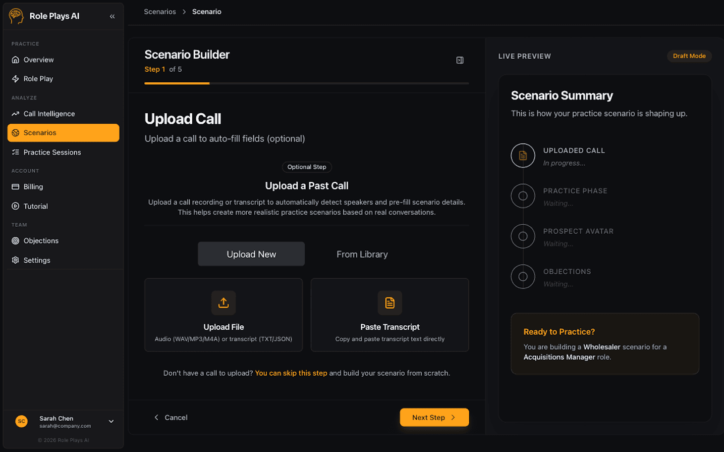 Scenario builder showing custom practice scenarios